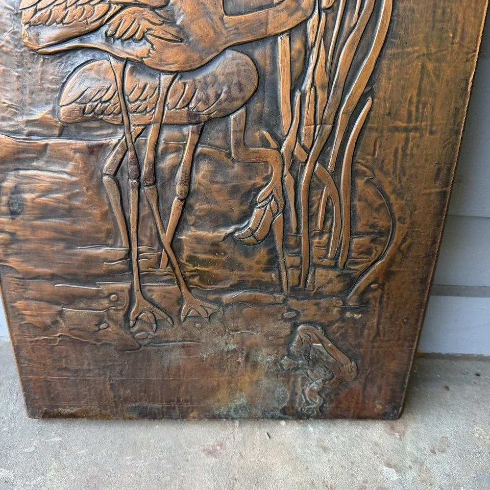 Vintage MCM Copper Relief Wall Art Plaque Embossed Flamingo Heron Bird In Marsh